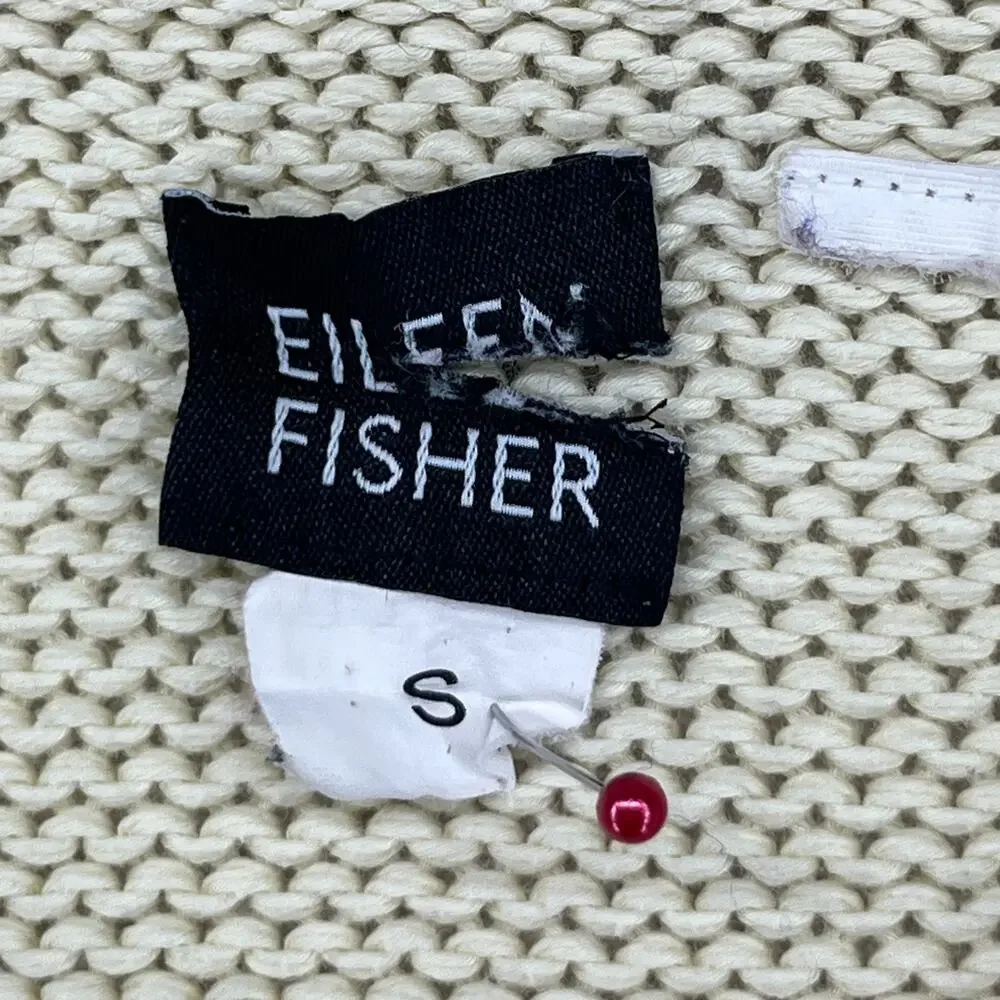 EILEEN FISHER Sweater S Cotton Chunky V-Neck Rolled Hem Pullover Off White VTG